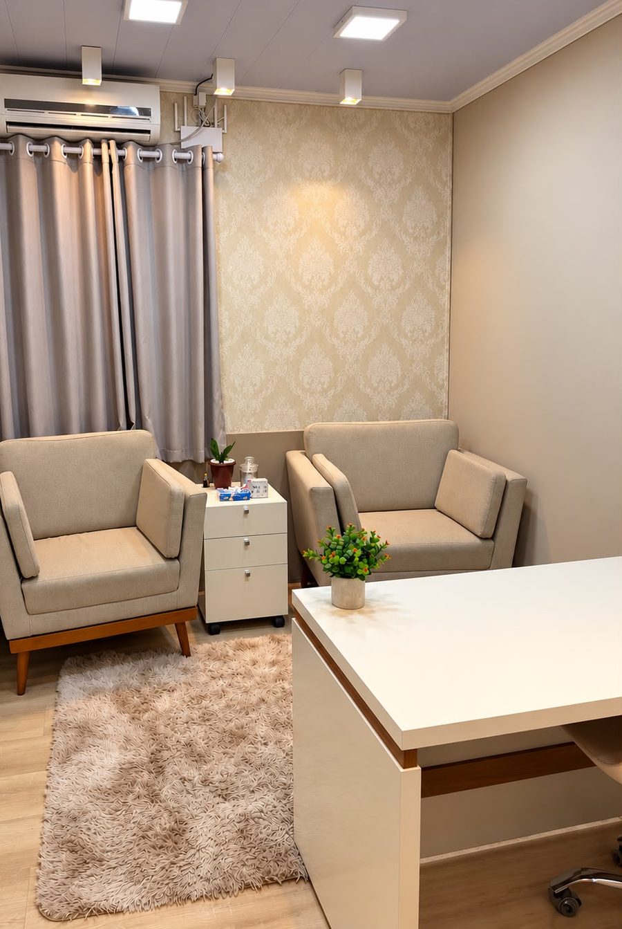 Sala de atendimento do consultório, com duas poltronas e iluminação suave